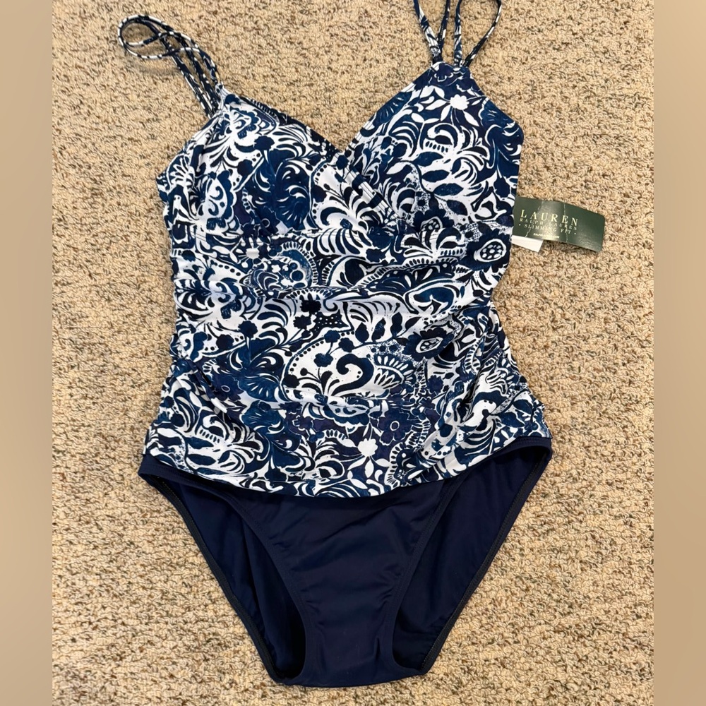 Ralph Lauren Swimsuit Women Navy Blue Paisley Size 10 NWT
